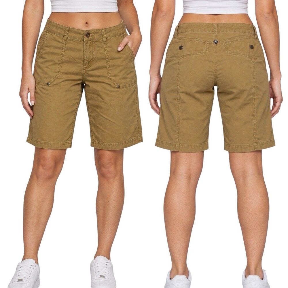 Prana Shorts Sz 10 Tan Halle Bermuda Ripstop Hiking Outdoor Utility 12.5 Inseam